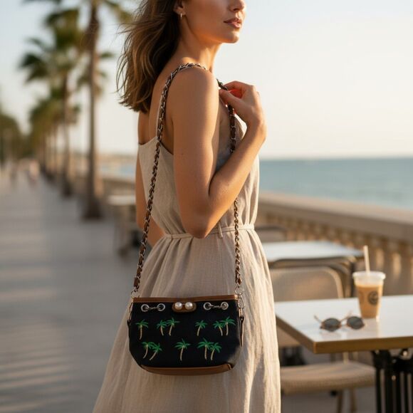 Palm Tree Embroidered Shoulder Bag Brown Strap Small Crossbody Purse Summer - Picture 2 of 10